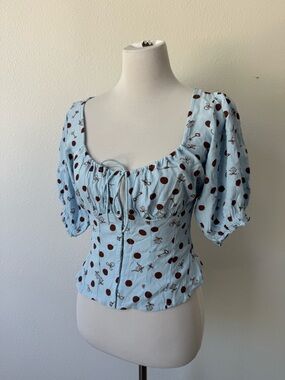 NWT Free People Light Blue Puff Sleeve Brown Polka Dot Tie-Front Top